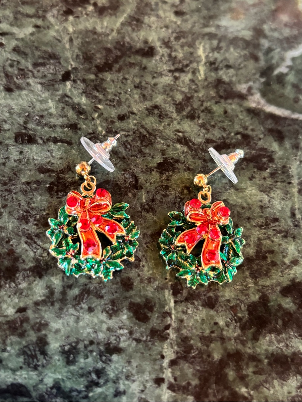 Festive Red & Green Wreath Drop Earrings - Holiday Jewelry